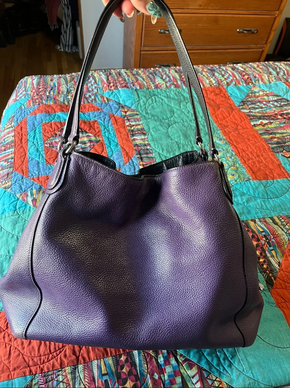 Coach Pebbled Leather Shoulder Bag in Purple with Black Handles